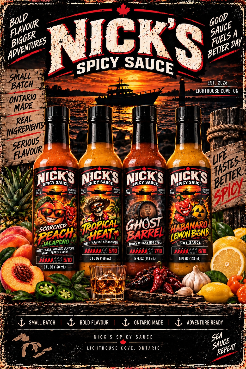 Nick’s Spicy Sauce poster showing four bottles: Scorched Peach Jalapeño, Tropical Heat, Ghost Barrel at 6 out of 10 and Habanero Lemon Bomb at 7 out of 10 heat